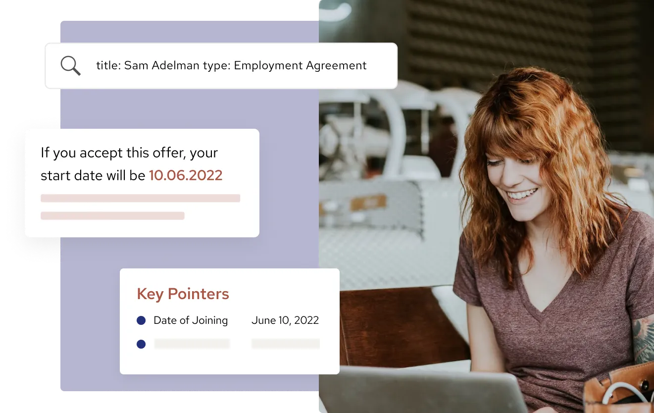 Red-haired woman smiling and working on a laptop, with overlaid text boxes showing an employment agreement search and key joining date details.